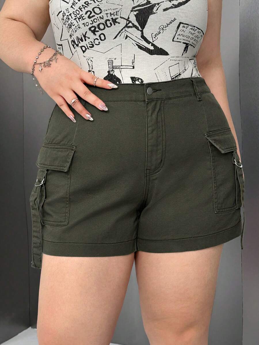 SHEIN EZwear Army Green High Waist Non-Stretch Denim Cargo Shorts - Blue - View 1