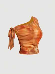 SHEIN MOD Asymmetric Shoulder Floral Van Gogh Painting Blur Flower Print Mesh Romantic Vacation Stretchy Plus Size Camisole Top,Summer Outfits For Women ,Festival Outfits For Women, Beach Outfits For Woman - Multicolor - View 5