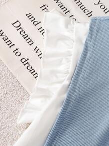 3件套少女蝴蝶结针织上衣套装，包含白色短袖T恤和宽松长裤，甜美简约风服装套装 - 淺藍色 - 查看 3