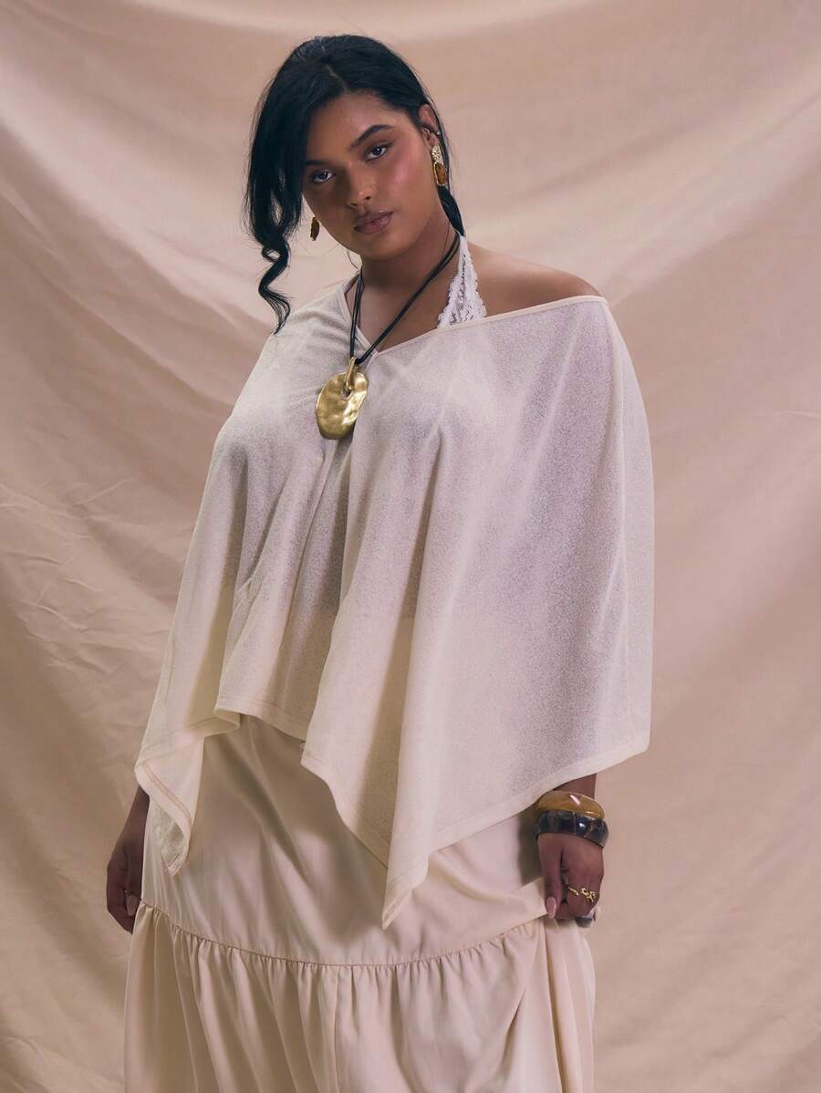 MUSERA Plus Crew Neck Drape Jersey Top, Holiday, Elegant - Cream - View 1