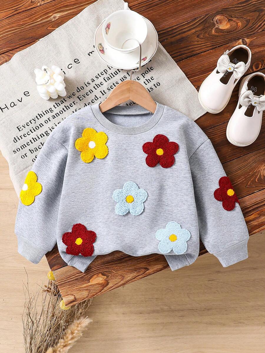 Young Girl Casual All-Match Versatile Vacation Fun 3D Embroidered Colorful Floral White Crew Neck Thermal Lined Sweatshirt, Suitable For Fall/Winter, School, Daily, Sisters, Family Gathering, Warm, Stage Performance - Multicolor - View 1