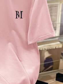 Teen Boys 2pcs Casual Patchwork Polo Collar T-Shirt With English Print & Letter Print Drawstring Waist Shorts Set - Pink - View 5