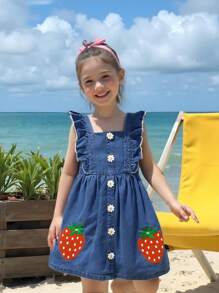 1pc Girls Casual Cute Collegiate Style Blue Woven Bleached Denim Strawberry Cap Sleeve Dress,Holiday,Summer,Travel - Blue - View 11
