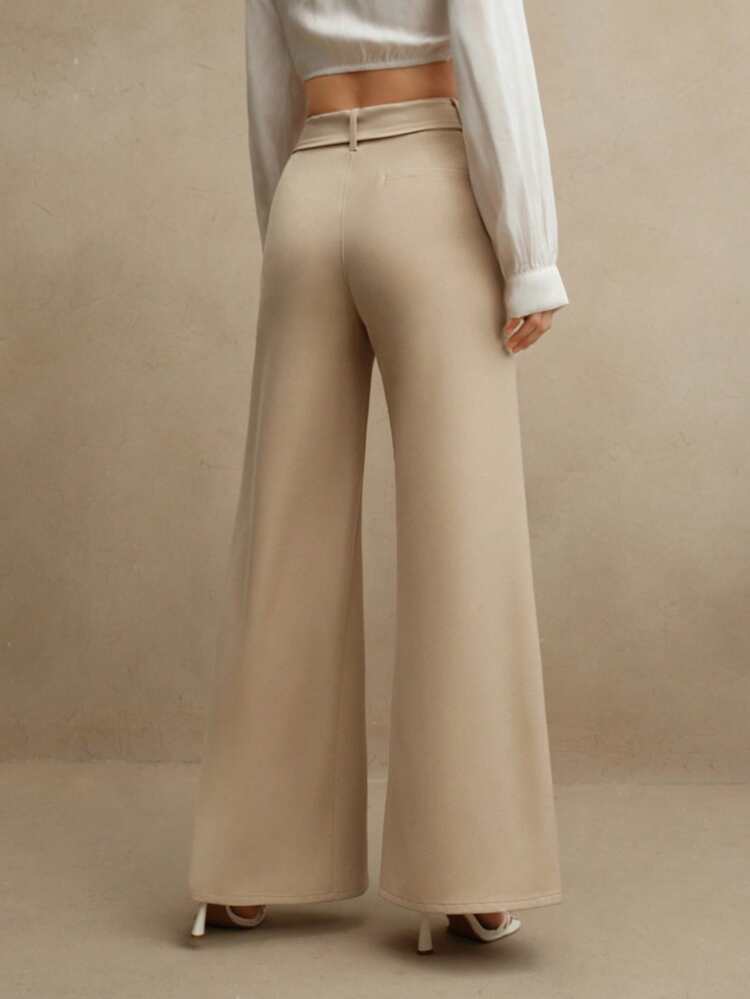 Pantalones anchos de pierna larga con diseño elegante de cinturón de lazo con costura central para mujer, para primavera y verano