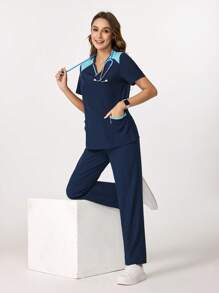 Scrubzie Colorblock Zipper V Neck Design Four Pockets Scrub Sets Sporty Sets Women's Solid Color Splice Short Sleeve Blouse And Long Pants Nursing Scrub Set For Women Scrubs For Women Scrub Sets Nurse Scrub Sets Women Scrub Sets For Women Essential Jogger Scrub Set Nursing Scrub Stretch V-Neck Top & Drawstring Cargo Pants Notch V-Neck Tuck In Top & Drawstring Straight Leg Pants - Navy Blue - View 4