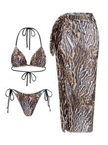 Swim SXY 3 件套豹纹纯色混合印花三角吊带性感优雅比基尼套装和长款网眼沙滩裙女士 - 彩色 - 查看 6