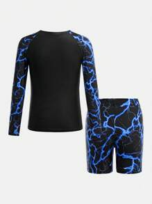 SHEIN Leap Crew 2pcs/Set Tween Boy Holiday Casual Lightning Bolt & Letter Graphic Long Sleeve T-Shirt And Skinny Shorts Swimwear Set, Suitable For Summer, Outdoor, Beach, Swimming - Blue - View 9
