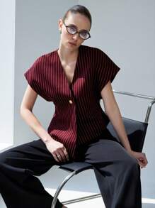 Aveloria Modichic High-End Commuter Minimalist Deconstruit Oversized Dolman Mâneci Decolteu în V Un singur piept Deschis în față Tivul asimetric Femei Bluză fără mâneci pentru muncă, potrivită pentru vară și toamnă - Multicolor - Vizualizare 3