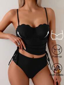 Swim Lushoire Women Summer Shell Decor Twist Back Drawstring Top And High Waist Bikini Bottom 2 Pieces Beachwear Outfit