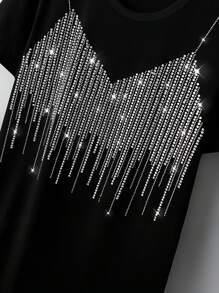 SHEIN Camiseta casual de manga corta para mujer de corte regular con cuello redondo y adornos de strass - Negro - Ver 3