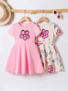 SHEIN Elladie kids 2件套 女童休闲多色彩虹爱心印花短袖连衣裙 夏季假日 - 彩色 - 查看 5
