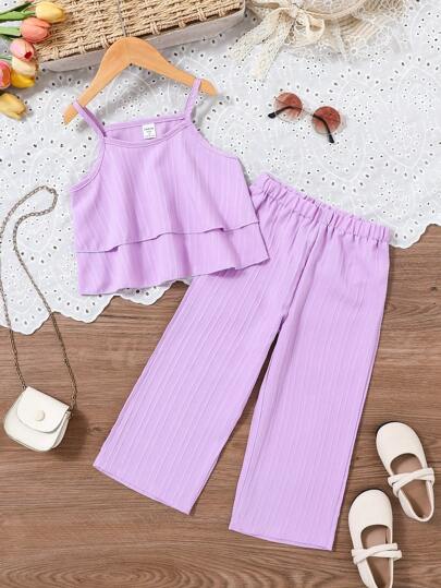 SHEIN Vintaside Kids 2pcs/Set Young Girl' Fashion Comfortable Ruffle Strap Top And Pants Set, Suitable For Vacation, Summer