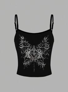 Y2K Style Gothic Heart Print Sexy Camisole For Women, Suitable For Party, Gathering, Music Festival