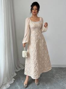 Modelyn 女士提花编织雪纺泡泡袖 A 字形连衣裙 - 杏色 - 查看 6
