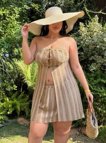 SHEIN SXY Plus Size Women Sexy Openwork Texture Fringe Knitted Tube Top And Mini Skirt 2 Pieces Set, Spring/Summer, Suitable For Early Spring, Spring And Summer, Rainforest, Beach Party, Seaside Vacation, Bonfire Party, Cool And Light, Slim Fit, Comfortable To Wear, Easy To Match&Looks Slim, Accent Your Body, Flatter The Figure