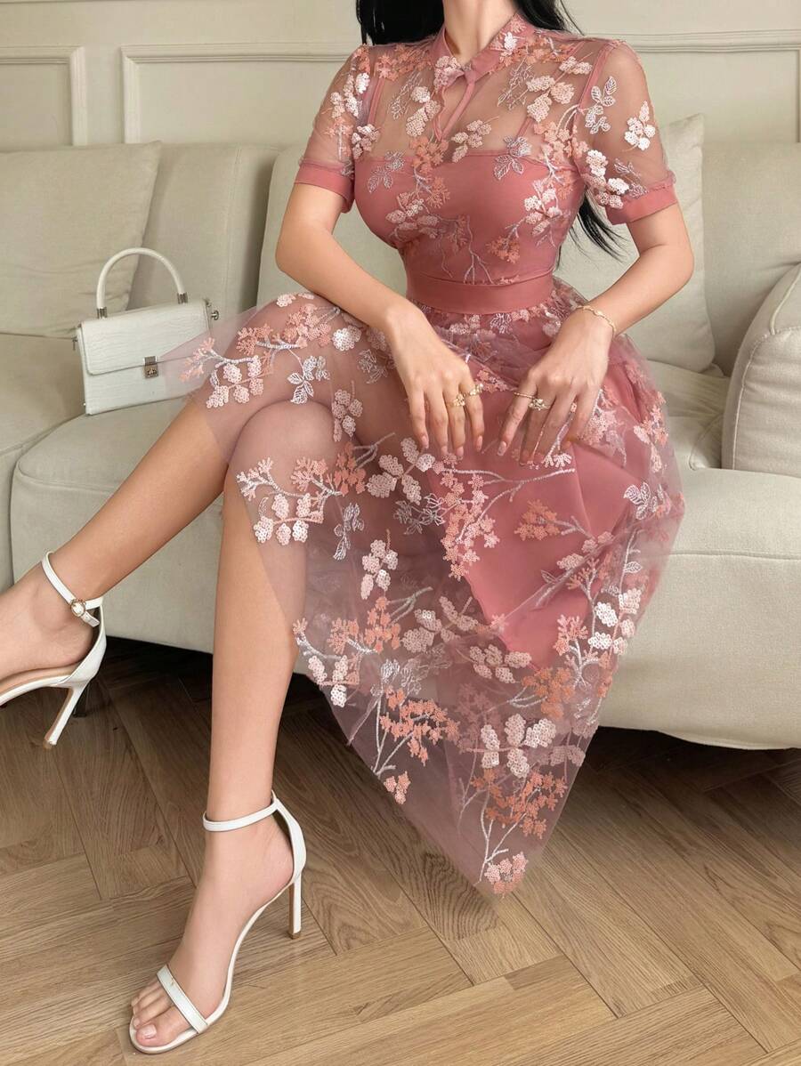 DAZY Đầm maxi dáng lửng tay phồng in hoa mỏng nhẹ, thích hợp cho kỳ nghỉ/hẹn hò, dành cho nữ, kiểu dáng thanh lịch, thích hợp cho lễ Phục sinh. - Hồng - Xem 1