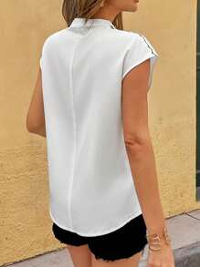 Chiquease Casual Férias Versátil Cor Sólida Mini V-Neck Sem Mangas Contraste Letra Gráfica Blusa Feminina - Branco - Ver 2
