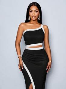 SOLERSUN Váy hở eo một bên vai gợi cảm cho kỳ nghỉ hè của phụ nữ với chi tiết ghép khối màu, phong cách nghỉ dưỡng giản dị - màu đen - Xem 3