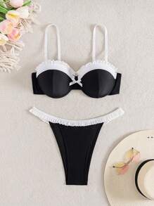 SHEIN 2 pièces Ensemble de bikini avec nœud à effet bicolore noir et blanc, volants élégants pour vacances à la plage pour femmes