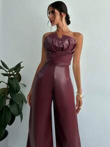 Firerie 情人节新款女式现代性感派对优雅街头设计不对称露肩 PU 酒红色短款上衣和高腰仿鱼骨 PU 直筒裤套装 - 酒紅色 - 查看 2