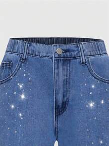 SHEIN Teen Girls' Distressed Pockets Washed With Rhinestones Casual Jeans - Light Wash - View 3