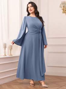 Modelyn Plus Size Solid Color Drawstring Dress, Simple Chic Casual For Daily Wear Long Evening Dresses - Blue - View 5