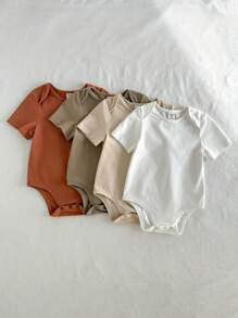 Loomiva 4pcs Baby Boy Solid Color Soft Knit Crew Neck Short Sleeve Set - Multicolor - View 3