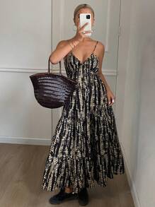 DAZY 休闲度假印花长款宽松褶皱A字连衣裙，适合夏季波西米亚风邮轮旅行、舞会、嘉年华等场合穿着。 - 黑色 - 查看 7