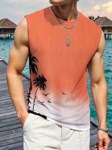 Manfinity Chillmode Men's Palm Tree Print Round Neck Casual Tank Top, Beach Vacation Summer - Multicolor - View 1