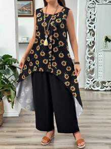 SHEIN LUNE 2 pièces/Set Grande taille femme Top col rond et Pantalon imprimé marguerite - Gris foncé - Voir 3