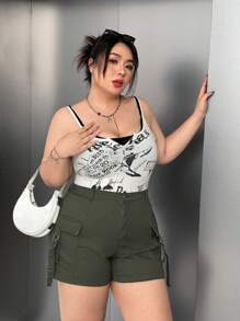 SHEIN EZwear Army Green High Waist Non-Stretch Denim Cargo Shorts - Blue - View 4