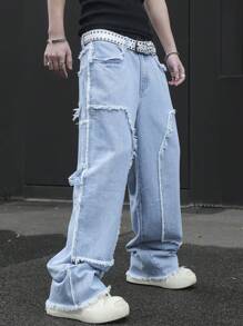 Manfinity EMRG Men's Light Wash Denim Long Jeans With Zipper Details And Frayed Panel Design - Light Wash - View 3