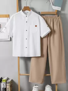 SHEIN 两件套青少年男童休闲韩版圆领短袖纯色贴袋衬衫搭配宽松直筒裤，适合上学、花园、海滩、生日、春、夏、秋、冬等场合。 - 彩色 - 查看 2