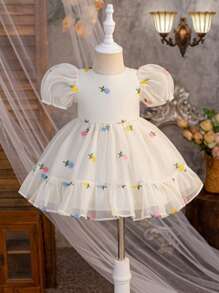 SHEIN Baby Girl Woven Mesh Embroidered Round Neck Puff Sleeve Casual Dress - Beige - View 2