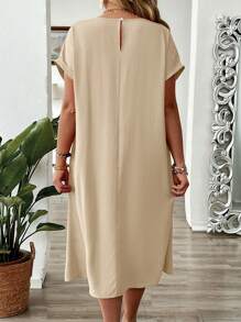 SHEIN LUNE Abito estivo minimalista oversize con scollo tondo, spalle scese, contrasto di pizzo, morbido e comodo