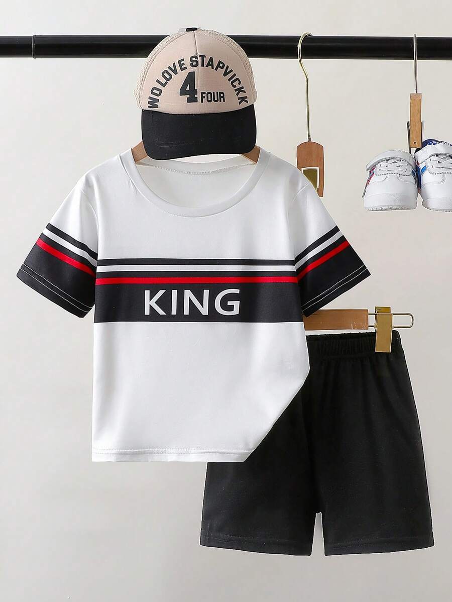年轻男孩夏季休闲百搭条纹字母印花圆领短袖 T 恤和短裤 2 件套装