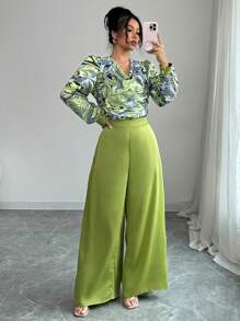 Calvaya 2-delige set voor dames: elegante zakelijke casual blouse met lange mouwen en ronde hals en lange broek, lente/zomer