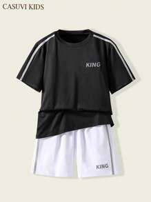2 pièces/Set Adolescent garçon décontracté Sports Bloc de couleur Lettre Impression Ample T-shirt et Short athlétique Couleur contrastée, Ensemble 2 pièces, Convient pour le printemps et l'été Porter décontracté