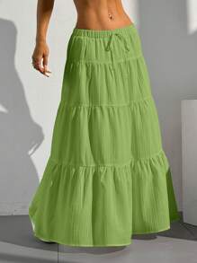 SHEIN EZwear 女士度假纯色腰带荷叶边下摆 A 字形纹理半身裙 - 綠色 - 查看 3