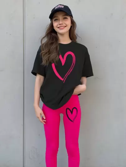 SHEIN Explorewe 青少年女孩休闲酷炫心形印花短袖上衣和长裤两件套服装