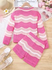 Bộ áo sọc móc rỗng cổ tròn dài tay màu hồng cánh sen và quần short cho bé gái tuổi teen - Màu Hồng Tươi - Xem 2