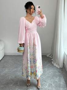 Modelyn Women's Floral Print Lantern Sleeve Sweetheart Neck Elegant Mid-Length Dress - Pink - View 6