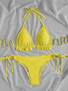 SHEIN Swim Women's Summer Beach Solid Color Halter Tied Sexy Yellow Bikini Swimwear Set
