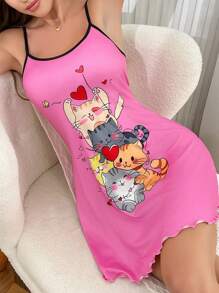 女士休闲可爱猫咪印花无袖睡袍 - 彩色 - 查看 6