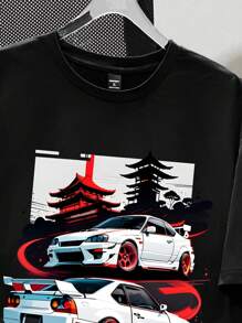 Manfinity Joysei 2pcs/Set Regular Fit Men's Black Top And Red Shorts, With Racing Car Graphic - Multicolor - View 6