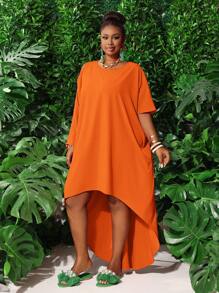 Slaydiva Đầm suông dáng rộng hở vai, vạt bất đối xứng dành cho nữ cỡ lớn - trái cam - Xem 5