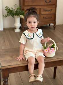 Vintaside Kids 女婴甜美花卉刺绣领衬衫和短裤套装，春夏 - 米色 - 查看 1