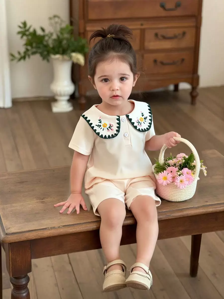 Vintaside Kids 女婴甜美花卉刺绣领衬衫和短裤套装，春夏 - 米色 - 查看 1