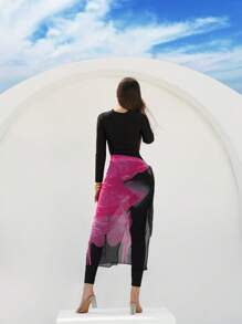 Swim Shayni 3pcs Women Summer Beach Outfits: Zipper Front Long Sleeve Swimsuit Top, Bottoms And Patterned Beach Dress Cover Up, Modest Resort Bikini Set - Black - View 2