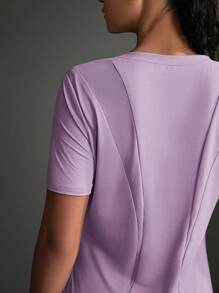 Exploreva 休闲纯色短袖弧形下摆运动服户外T恤健身房女式衬衫